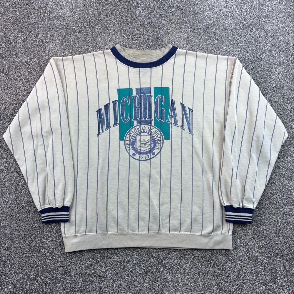 Vintage Michigan Wolverines Sweatshirt Mens Large Cream Pinstripe Crest Logo